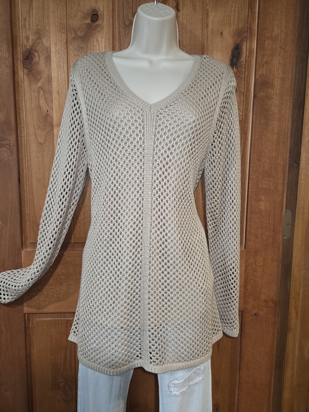 croft & barrow‎ Beige Open-Knit V-Neck Sweater